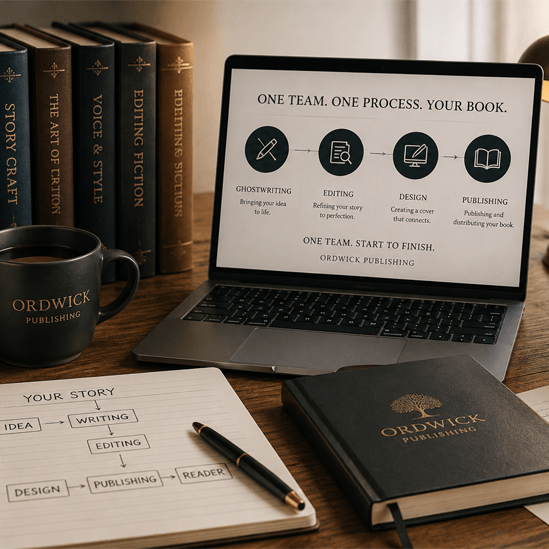 Novelist working on a manuscript with fiction writing services