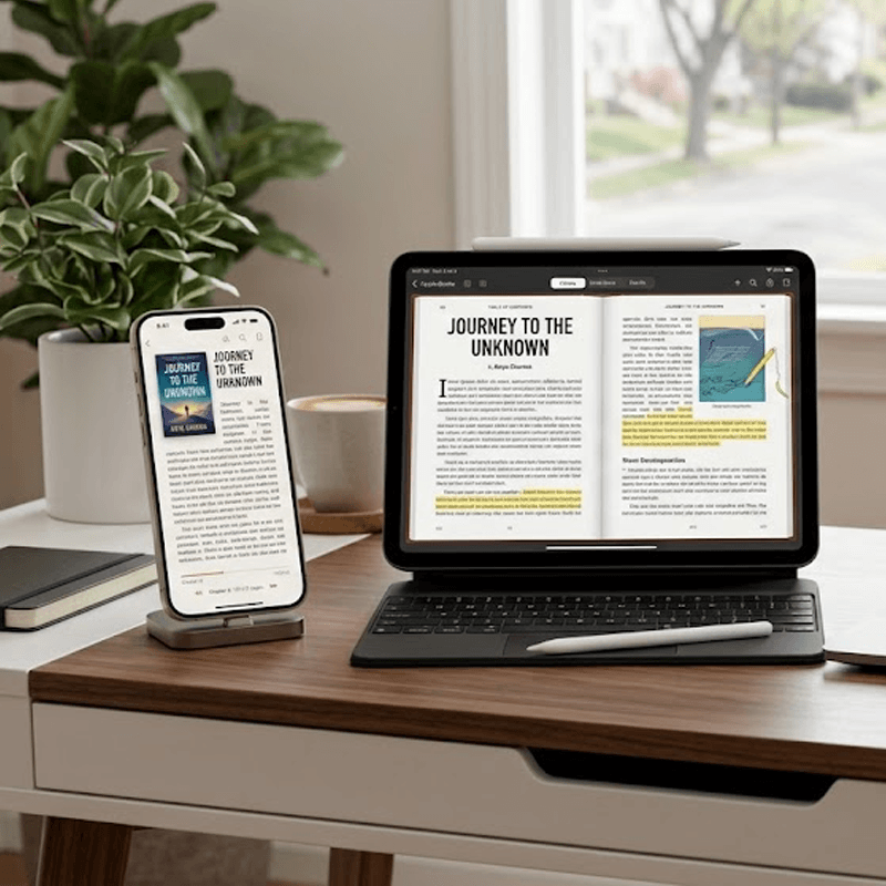 iPad and iPhone showing a book after Apple Books publishing